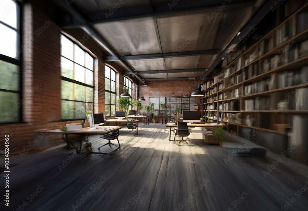Poster modern office space with exposed brick walls and large windows, featuring multiple workstations and 