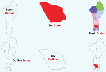 Zou map vector of Benin, Zou line map, Zou with city map, Zou outline map