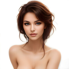 Beautiful young brunette woman with perfect makeup on white background