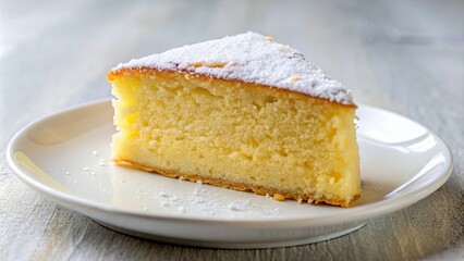 A single slice of golden-brown cake dusted with powdered sugar, sitting on a pristine white plate, ready to be savored.