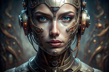 A woman with a metallic face and a pair of headphones on her head