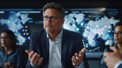 An AI ethicist debating with a group in modern conference room with holographic data projections