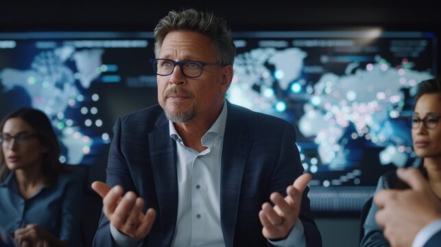 An AI ethicist debating with a group in modern conference room with holographic data projections