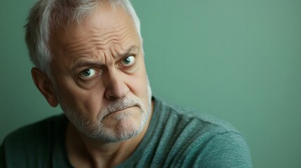 Obraz premium 82. A middle-aged man with a puzzled look, furrowing his brow in confusion, against a soft green backdrop.