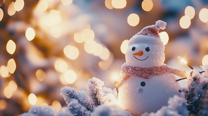 Obraz premium A cheerful snowman decorated for Christmas among twinkling lights and snowy greenery