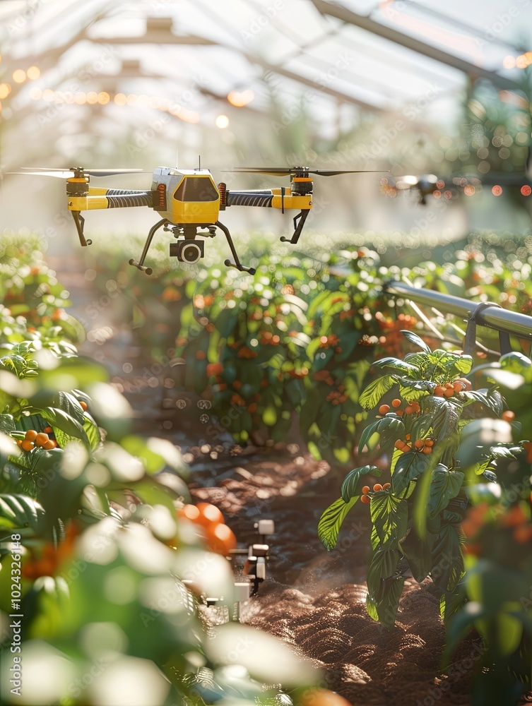 Aufkleber Drones and sensors traverse a high-tech greenhouse, optimizing crop health and agricultural practices with advanced AI technology. Generative AI
