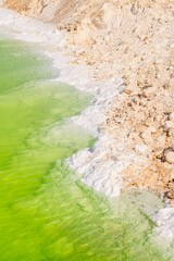 Close up on salt and emerald water of Qarhan or Chaerhan lake around Golmud city, Qinghai, China