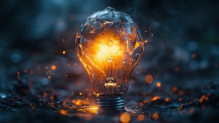 A broken lightbulb with a glowing filament inside.  The bulb is surrounded by smoke and debris.