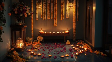 A beautifully decorated puja (prayer) room with lit diyas and flower garlands, symbolizing devotion and reverence during Diwali.