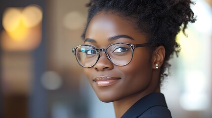  Close-up photo of a young African-American woman in a business suit and glasses in the office, looking to the side with a smile 