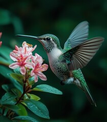 Fototapeta premium Hummingbird hovering near pink azalea flowers in lush greenery