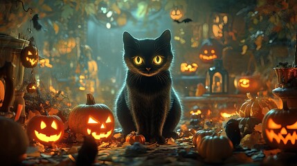 A black cat with glowing eyes surrounded by Halloween-themed props, making the holiday scene even more charming.