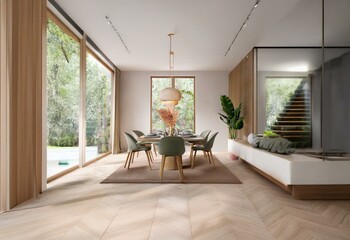 A modern dining room with a large wooden table and six chairs.  The room has a large window, a wooden floor, and a modern light fixture.