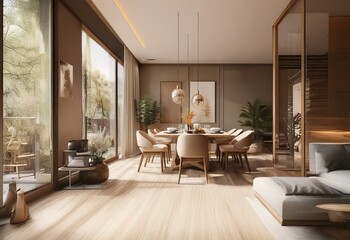 A modern dining room with wooden floors, large windows, and a sleek, minimalist design.