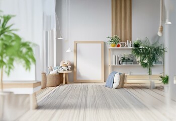 A modern living room with a large framed canvas, white walls, and a wooden floor.