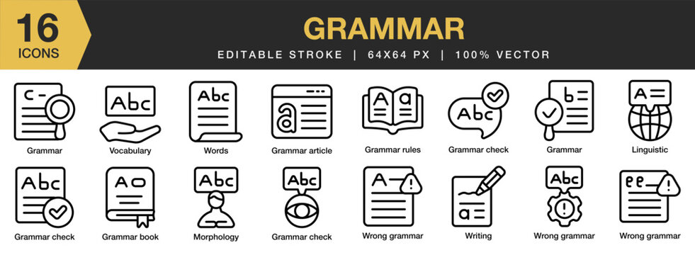 Grammar icon set. Editable Stroke Icon Collection. Includes article, book, check, rule, linguistic, morphology, and More. Outline icons vector collection.