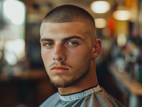 Buzz Cut on Man in Barber Chair, Traditional Barbershop Interior, Softly Blurred Background, Vintage Look, Warm Lighting, Close-Up of Fresh Haircut, Professional Finish
