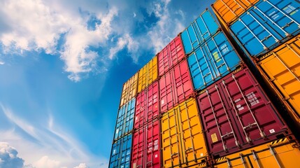 Fototapeta premium Blue sky copy space with a stack of boxes for cargo and a cargo freight ship for import and export company, Generative AI.