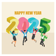 People are celebrating the New Year 2025. Colorful font on a bright background. Happy New Year 2025 concept. Flat vector illustration.