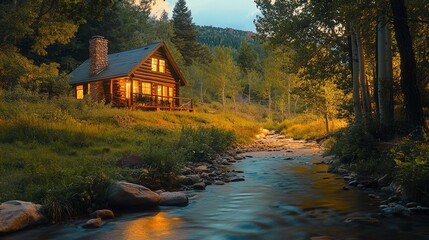 A cozy cabin with warm lights, nestled beside a peaceful stream and surrounded by trees in the forest.