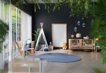 A children's room with a teepee, a crib, and a large empty frame on the wall.