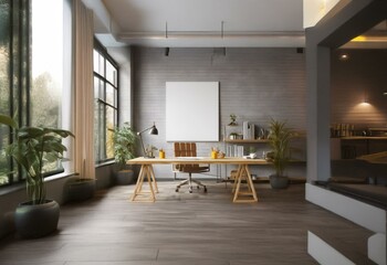 A modern office space with a large window, wooden desk, and a blank canvas on the wall.