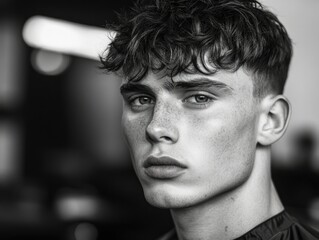 Black and White Stylish French crop haircut on a man, featuring short, tapered sides and a tousled textured top, with a blurred background of a modern barber shop with sleek decor
