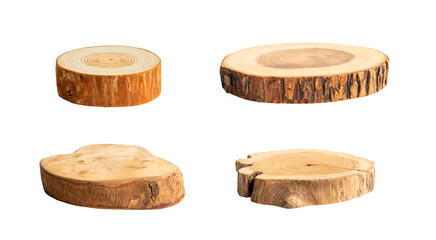Collection of four natural wood tree slices with visible growth rings and textured bark. These...