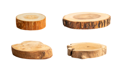 Collection of four natural wood tree slices with visible growth rings and textured bark. These rustic wooden pieces are ideal for craft projects, home decor, or nature-themed designs