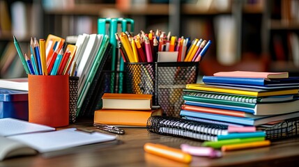 Assortment of School Supplies on Wooden Desk