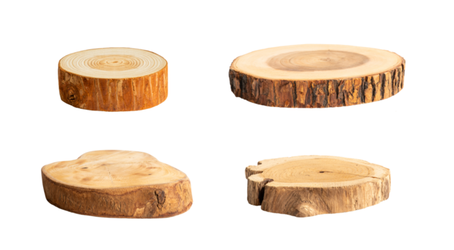 Collection of four natural wood tree slices with visible growth rings and textured bark. These rustic wooden pieces are ideal for craft projects, home decor, or nature-themed designs