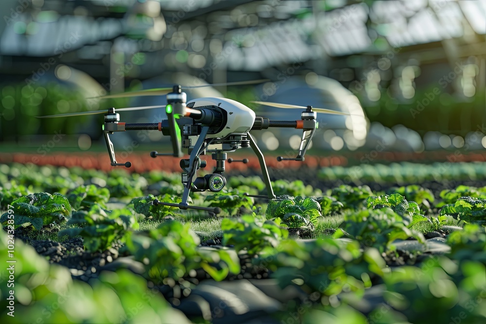 Aufkleber Drones and robots equipped with AI closely monitor and optimize crop health on a modern, high-tech farm. Generative AI