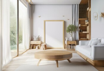 A modern living room with a large window, a couch, and a coffee table.