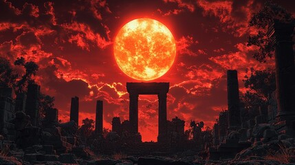 Ancient ruins of a temple silhouetted against a blood-red sky, with mythical animals decorating the scene
