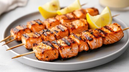 A plate of grilled salmon skewers with a citrus glaze, served with lemon wedges, grilled salmon skewers, seafood barbecue