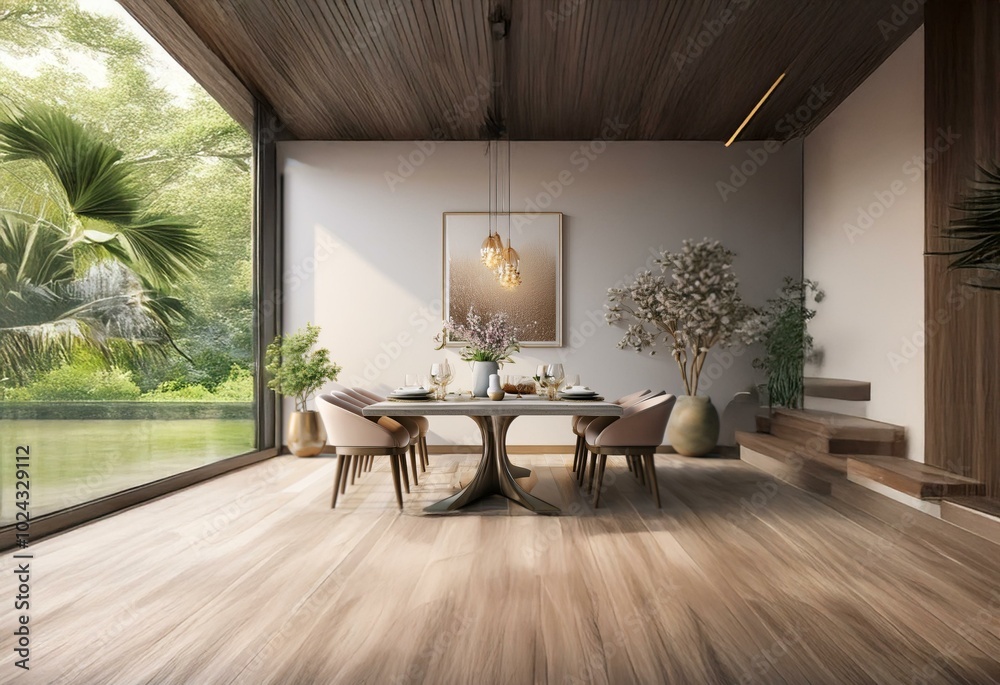 Poster A modern dining room with a large window overlooking a lush garden.  Sunlight streams through the window, illuminating the wooden floor and the minimalist table setting.  The room is decorated with gr