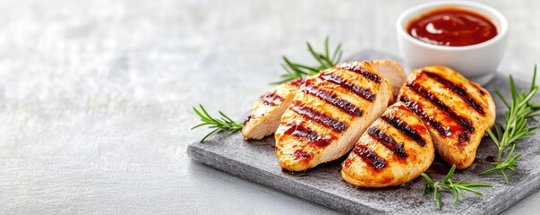 Grilled chicken breast slices served with a smoky barbecue sauce, grilled chicken breast, classic barbecue