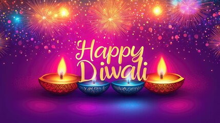 A festive Diwali greeting card design with colorful fireworks, diyas, and "Happy Diwali" written in elegant font.