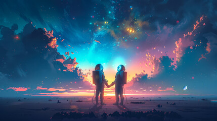 Fototapeta premium Romantic Space Journey: Astronaut Couple Holding Hands in a Starry Cosmos - Digital Art Illustration of Love in Outer Space