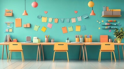 Colorful and organized workspace with three desks and chairs in a teal room