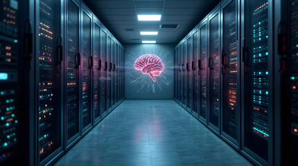 Artificial intelligence brain visualization in a futuristic data center