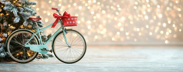 Festive vintage bicycle with a red basket, decorated for Christmas, next to a pine tree, glowing lights creating a warm holiday atmosphere.