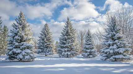 Winter solstice sunlight illuminating snow-covered evergreen trees in a serene landscape