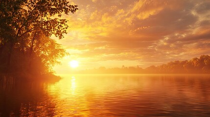 A golden sun setting over a tranquil lake, casting warm hues across the sky and water, capturing the beauty of nature in its purest form.