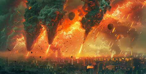 Fototapeta premium Apocalyptic Meteorite Explosion Above Futuristic City at Night, Sci-Fi Digital Art, Intense Fire and Destruction, Urban Disaster Illustration, Dramatic Sky with Fiery Meteors, Chaotic Atmosphere