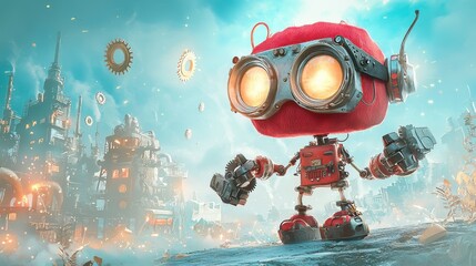 A cute red steampunk robot with oversized plush goggles and mechanical arms, standing in front of a soft-sculpted, whimsical factory filled with turning brass gears