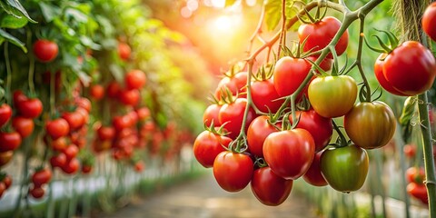 Abundant Harvest A Cluster of Ripe Tomatoes Hanging From a Vine in a Greenhouse Bathed in Sunlight