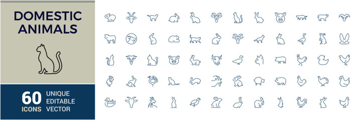 Domestic animals icons set. Thin line animal icon collections. Simple vector icons. farm and hunting animals. Editable vector stroke. © Rubbble