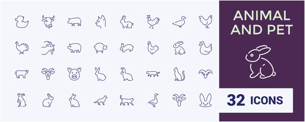 Domestic animals icons set. Thin line animal icon collections. Simple vector icons. farm and hunting animals. Editable vector stroke.