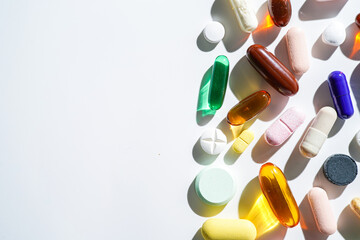 Various pharmaceuticals pills capsules tablets softgel of food supplements, fish oil, vitamin omega